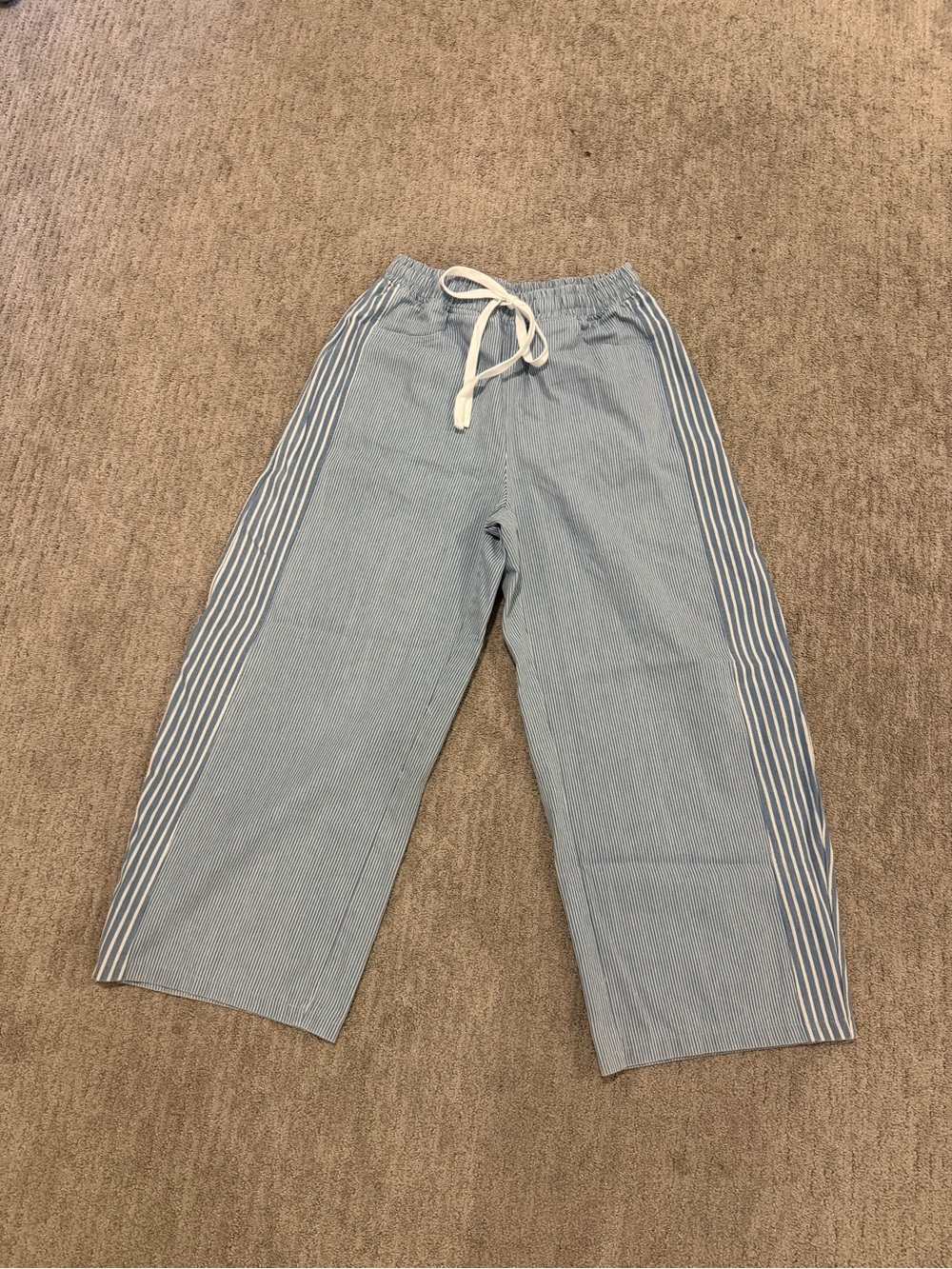 Amazon Wide Leg Stripe Detail Drawstring Pants in Light Blue and White
